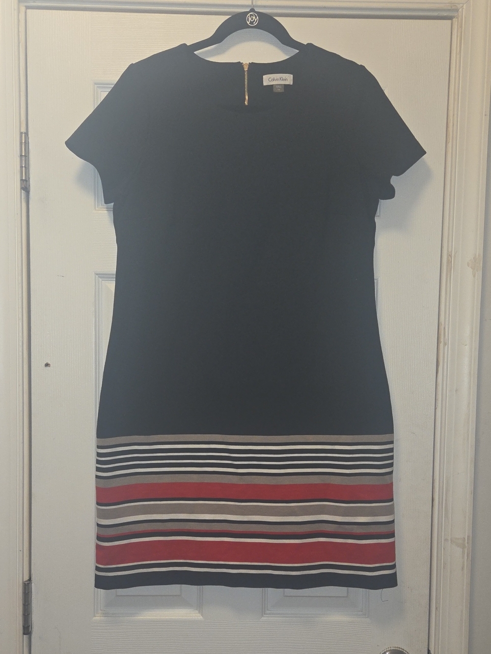 Calvin Klein Black Ponte Sheath Dress Sz 14 Short Sleeve Red White Stripe Hem EU